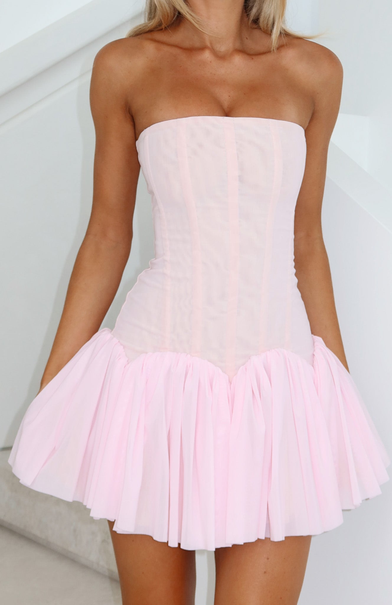 Following My Heart Strapless Mesh Mini Dress Baby Pink