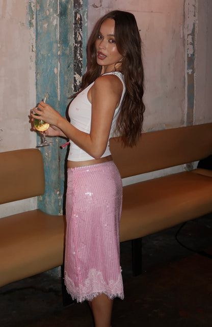 Whispered Promise Sequin Midi Skirt Candy Pink