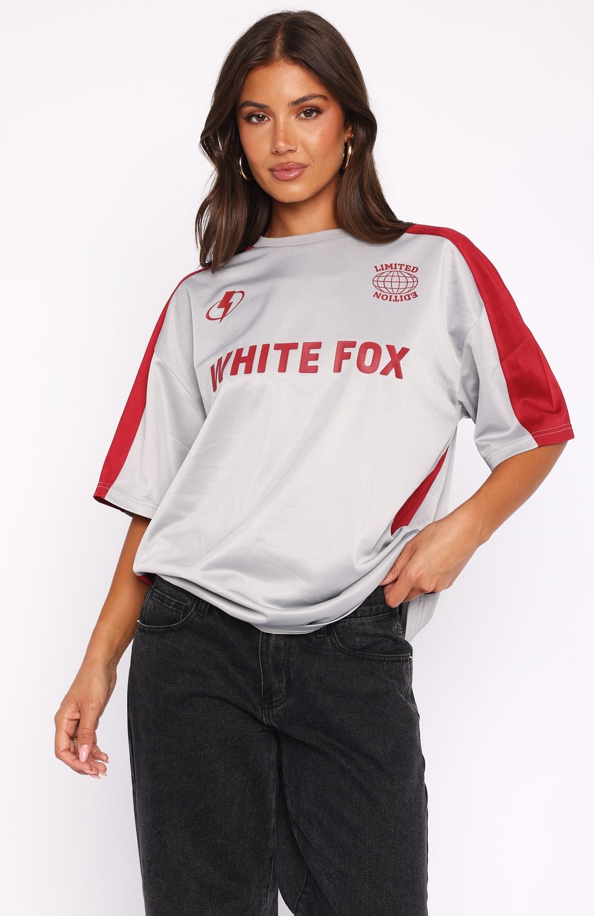 Checking Up On You Oversized Jersey Light Grey/Burgundy