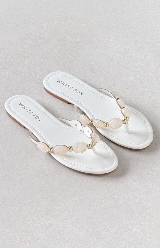 Kira Beaded Thong Sandals White