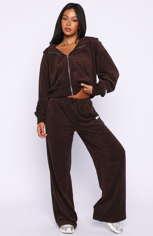 Causing Commotion Terry Wide Leg Sweatpants Chocolate