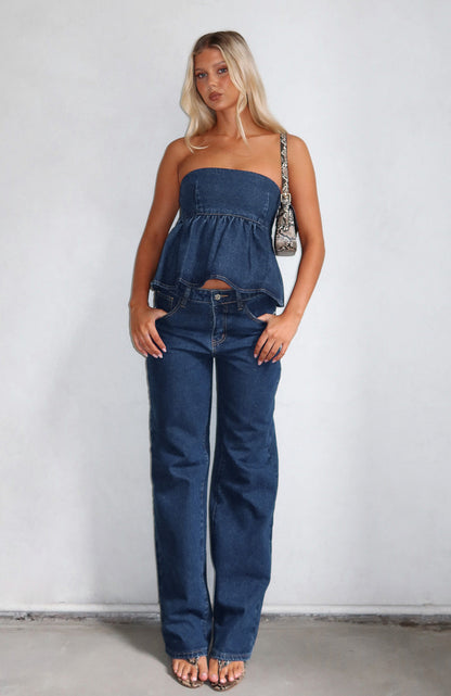 Zara Mid Rise Straight Leg Jeans Dark Blue