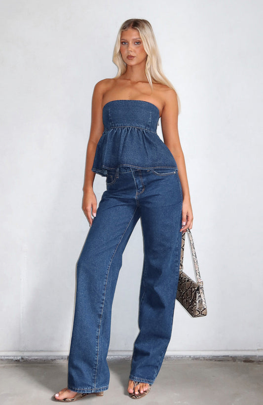 Zara Mid Rise Straight Leg Jeans Dark Blue