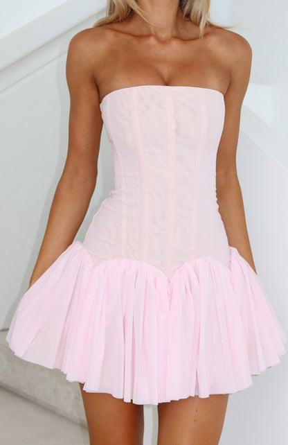 Following My Heart Strapless Mesh Mini Dress Baby Pink