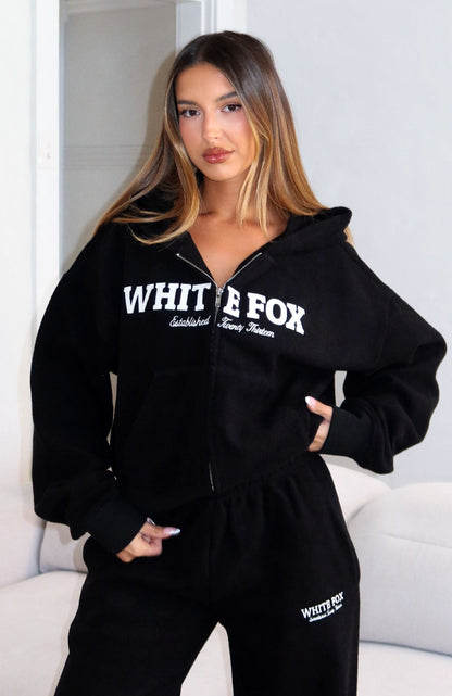 Just For Now Fleece Boxy Zip Front Hoodie Black
