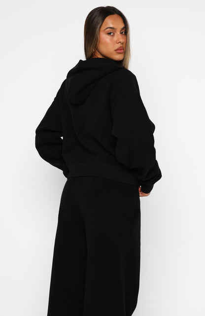 Just For Now Fleece Boxy Zip Front Hoodie Black