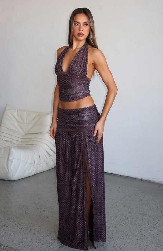 Mad At You Maxi Skirt Choc/Pink Polka Dot