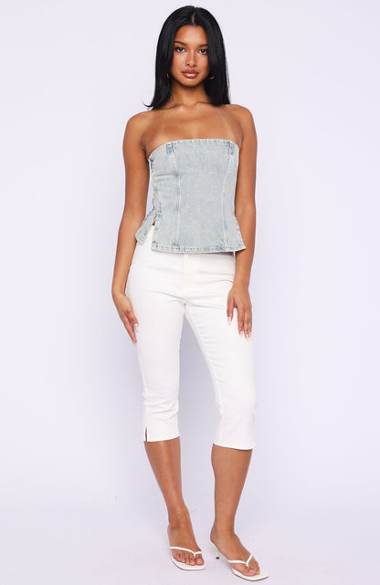 Not Listening Strapless Denim Top Light Blue