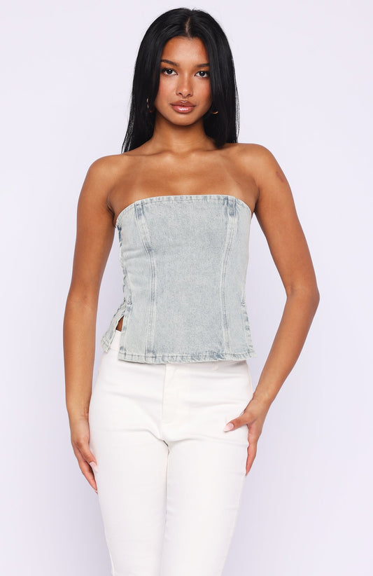 Not Listening Strapless Denim Top Light Blue