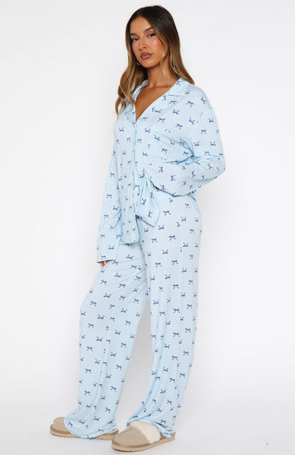 Pillow Talk Printed Long Sleeve Pyjama Set Sky Ribbons