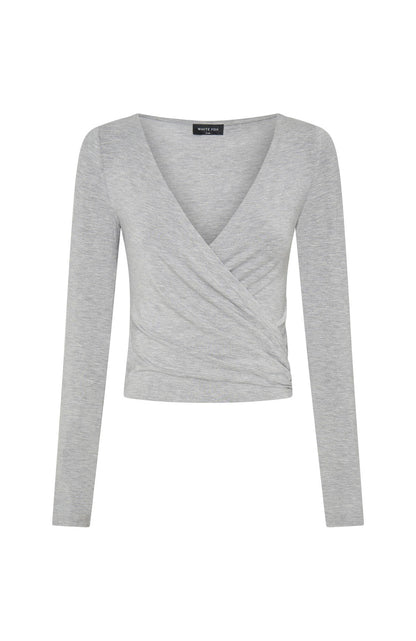 Staying Cute Long Sleeve Wrap Top Grey Marle