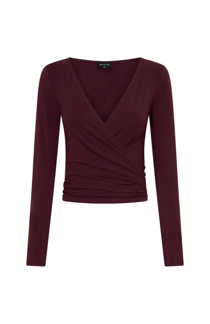 Staying Cute Long Sleeve Wrap Top Merlot
